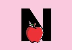 N initial letter with red apple in stiff art style vector