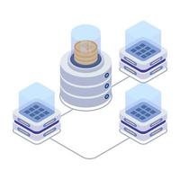 Bitcoin with servers denoting isometric style icon of crypto technology vector