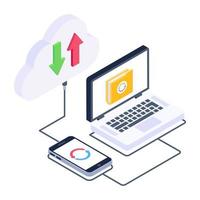 icono isométrico de transferencia de datos en la nube, almacenamiento de datos en línea vector