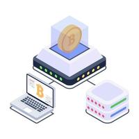 Bitcoin with servers denoting isometric style icon of crypto technology vector