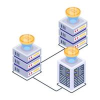 Bitcoin with servers denoting isometric style icon of crypto technology vector