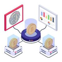 Bitcoin with servers denoting isometric style icon of crypto technology vector