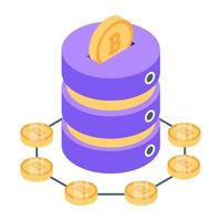 Bitcoin with servers denoting isometric style icon of crypto technology vector