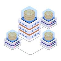 Bitcoin with servers denoting isometric style icon of crypto technology vector