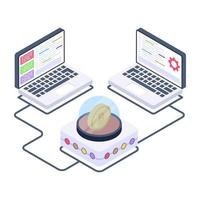 Bitcoin with servers denoting isometric style icon of crypto technology vector