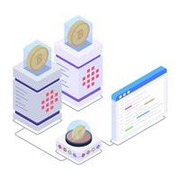 Bitcoin with servers denoting isometric style icon of crypto technology vector