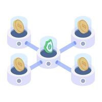 Bitcoin with servers denoting isometric style icon of crypto technology vector