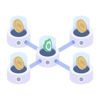 Bitcoin with servers denoting isometric style icon of crypto technology vector