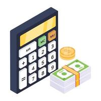 dinero con calculadora que denota icono isométrico de cálculo financiero vector