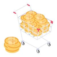Coins inside trolley denoting isometric style icon of bitcoin shopping