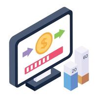 Chart with monitor and money denoting isometric icon of online money flow vector