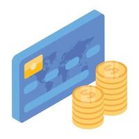 Coins with card denoting isometric icon of debit card vector