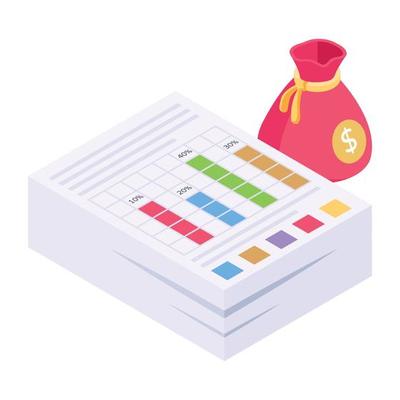 Papers with charts and graphs denoting isometric icon of business documents