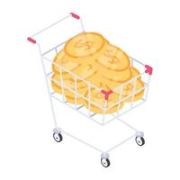 Coins inside trolley denoting isometric style icon of dollar shopping