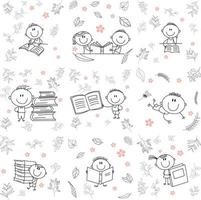 set of children learning to read a book for classic graphic design needs. consists of black and white lines. can be used for coloring books vector