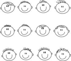 kids face set for classic graphic design needs. consists of black and white lines. can be used for coloring book vector