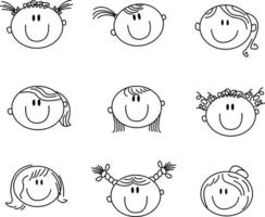 kids face set for classic graphic design needs. consists of black and white lines. can be used for coloring book vector