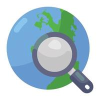 An icon of magnifier on a globe, flat vector