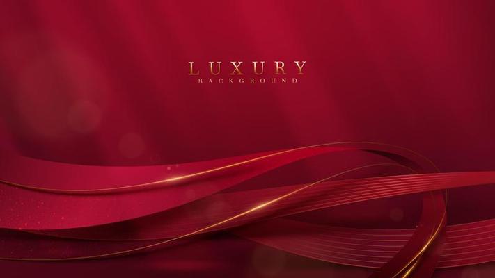 Luxury gold ribbon on red background with glitter light effect and beam element and bokeh decoration