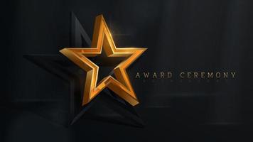 Estrella de oro 3d con elemento de efecto de luz brillante y decoración y haz de bokeh. fondo de ceremonia de entrega de premios de lujo. vector