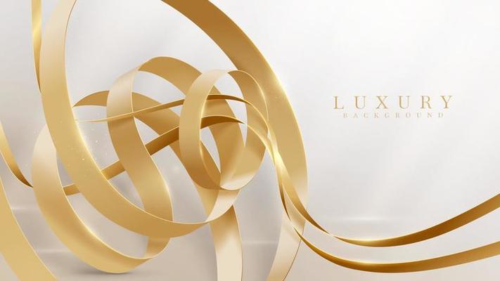 Luxury style background with 3d gold ribbon element and glitter light effect decoration and bokeh.