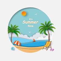 Summer time concept on paper cut out round frame,view of blue sea with beach,coconut tree,umbrella,ball and slipper vector