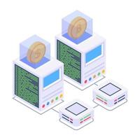 Bitcoin with servers denoting isometric style icon of crypto technology vector