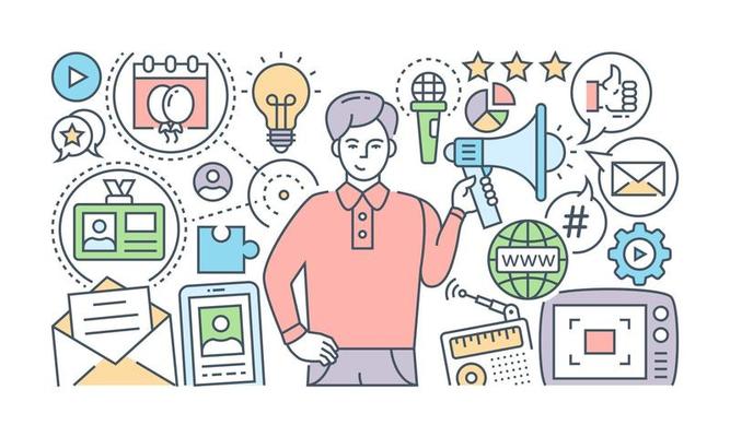 A banner of social media designed with flat linear illustration