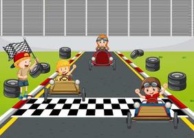 Soapbox derby scene with children racing car vector