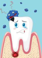 Cartoon tooth decay with bacteria on blue background vector