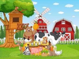 escena de la granja con muchos animales de granja. vector