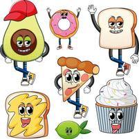 Set of facial expression with vintage style food cartoon on white background vector