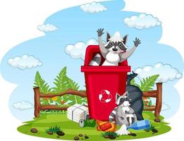 Scene with raccoon eating food from trash vector