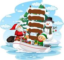 Santa Claus and elves delivering gifts by boat vector