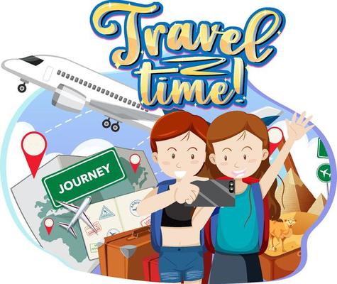 Travel time typography design with travelers couple