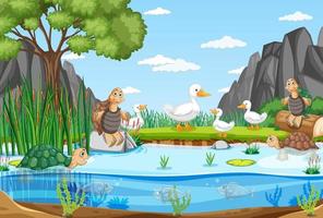 Nature scene with ducks and tortoises in the pond vector