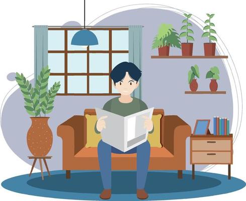 A man reading newspaper flat design at home