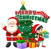 Merry Christmas with Santa Claus and a girl holding gift box vector