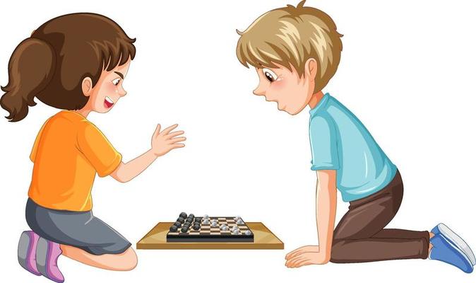 A children playing board game on white background