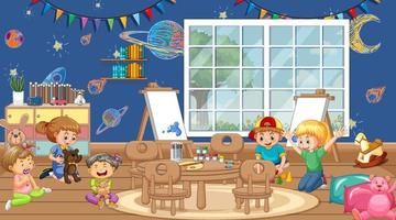 Scene with many kids playing in classroom vector