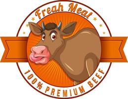 logotipo de carne fresca premium con caricatura de vaca vector
