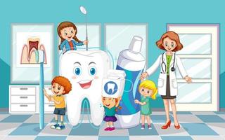 dentista y niños felices sosteniendo cepillo de dientes y hilo dental sobre fondo blanco vector