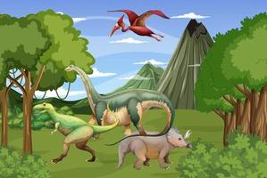 escena con dinosaurios en el bosque vector