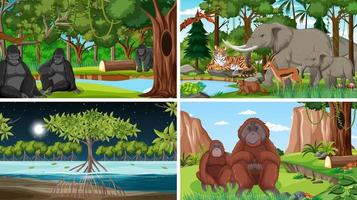 cuatro escenas con animales en el bosque vector