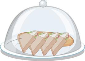 Sandwich on round plate with glass cover on white background vector