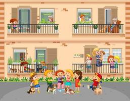 Apartment windows with neighbors cartoon character vector