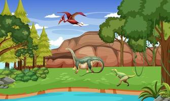 escena de la naturaleza con árboles en las montañas con dinosaurio vector