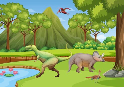 Nature scene with trees on mountains with dinosaur vector