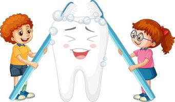 Happy kids brushing a big tooth with a toothbrush on white background vector