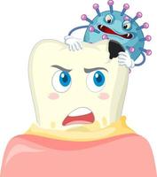Cartoon tooth decay with bacteria on blue background vector